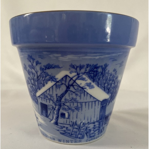 Currier And Ives Other - Vtg Currier andIves The Old Homestead in Winter Blue White Flower Pot Country